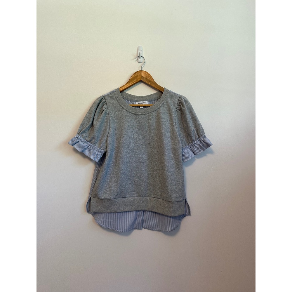 ee:some Mixed Media Puff Sleeve Button Back Top in Grey and Blue | Size Medium